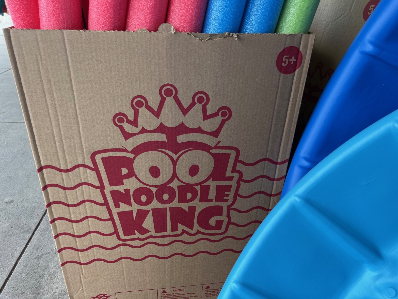 Box of pool noodles. Brand name is Pool Noodle King.